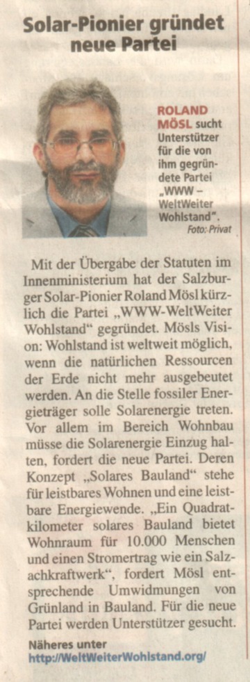 Salzburger Fenster am 28. Jänner 2015
Am 28. Jänner auf Seite 6 und in der Online Ausgabe bereichtet das Salzburger Fenster über die Gründung der WWW Bewegung WeltWeiter Wohlstand.