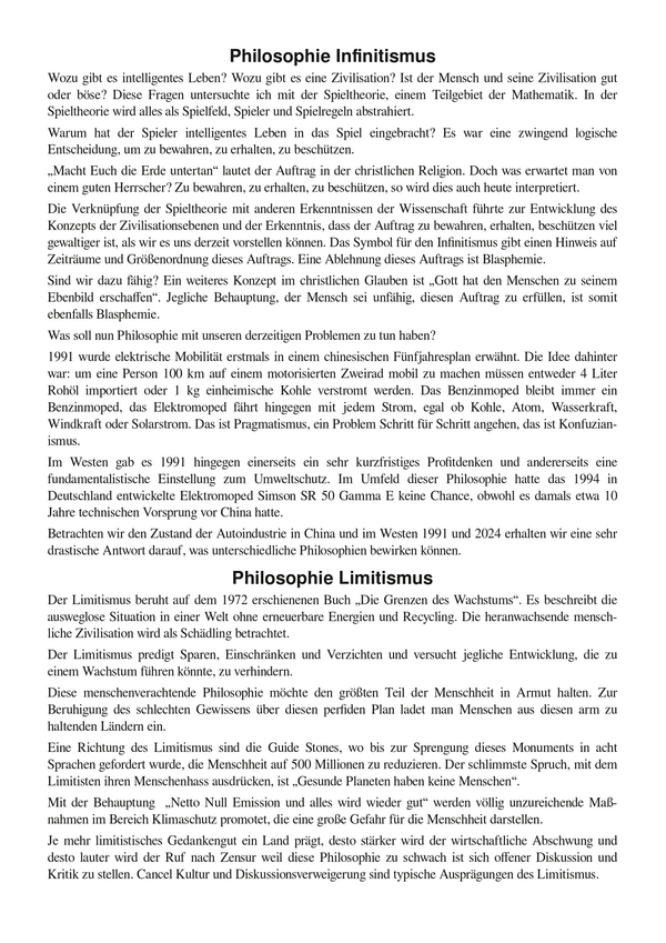 Philosophie Infinitismus vs. Limitismus
Der Limitismus beruht auf dem 1972 erschienenen Buch „Die Grenzen des Wachstums“. Es beschreibt die ausweglose Situation in einer Welt ohne erneuerbare Energien und Recycling.
Bild 1